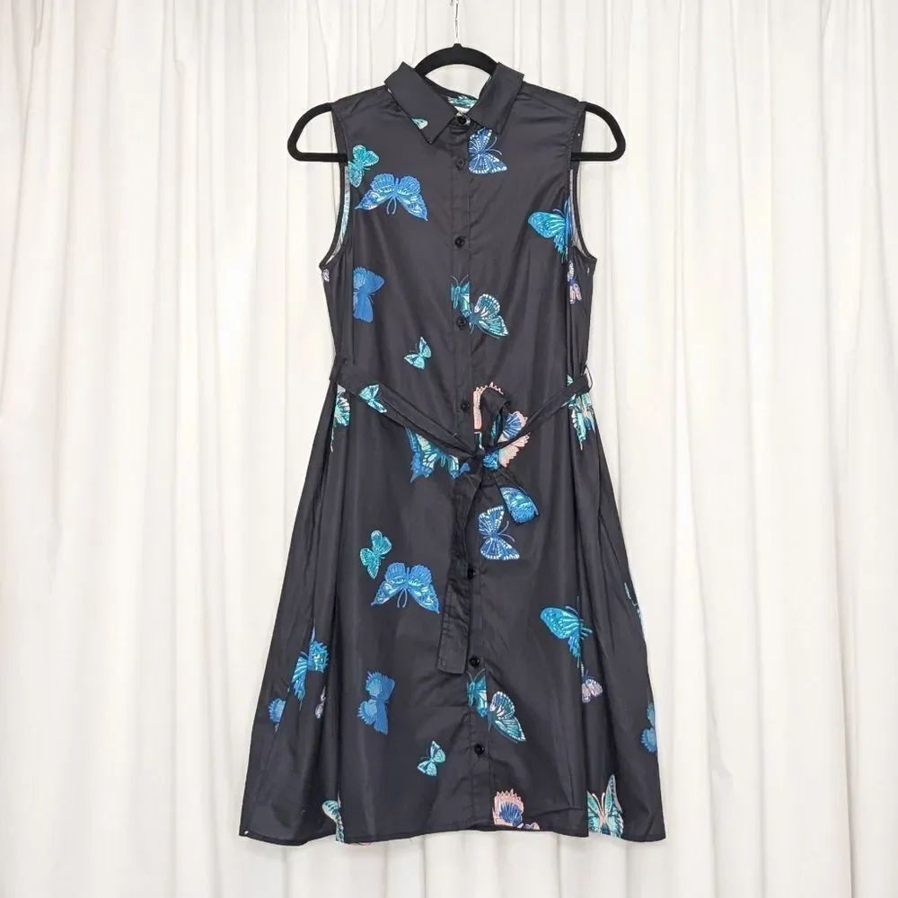 Tucker Sleeveless Sarah Shirtdress Black Fluttering Butterflies Print